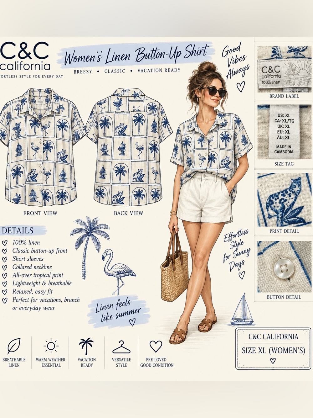 C&C California Women's Cream Shirt with Blue Tropical Print